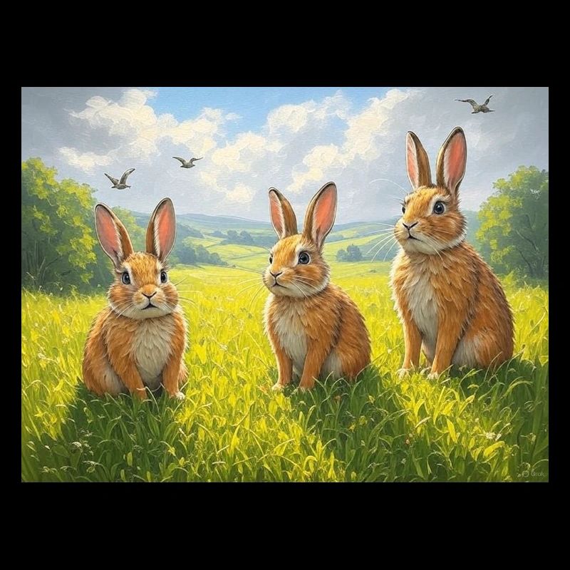Trois lapins dans le champ de printemps