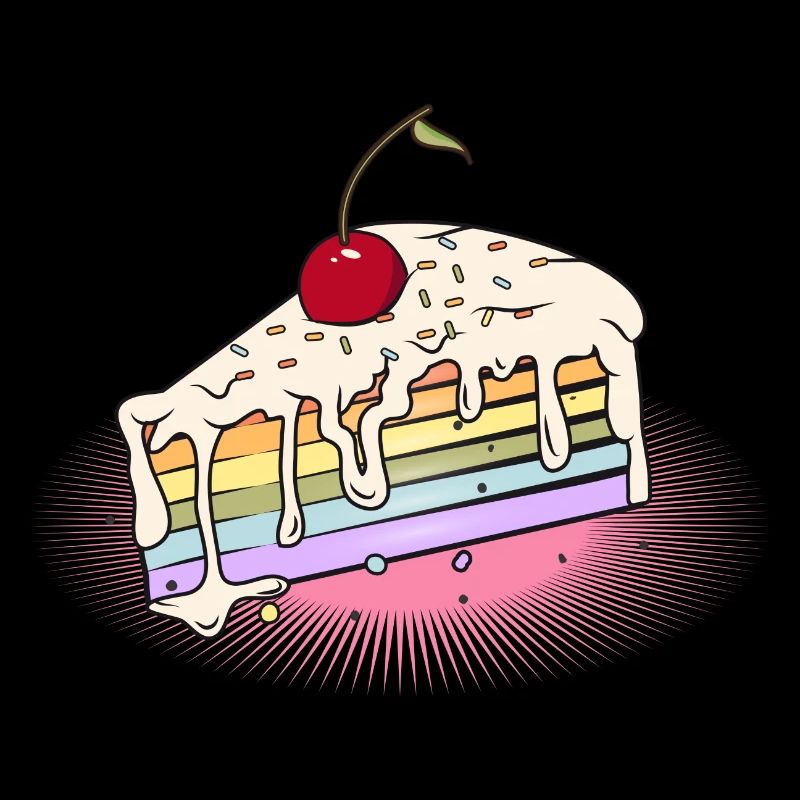 Stück Regenbogen Kuchen mit Kirsche im Comic Stil