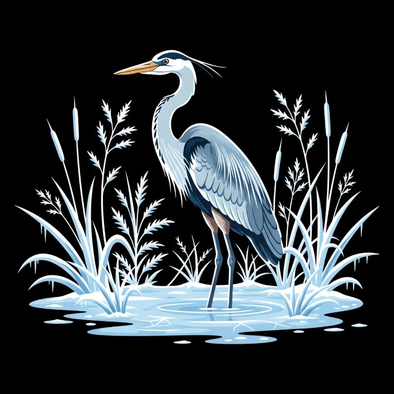 Gray Heron in Winter Landscape