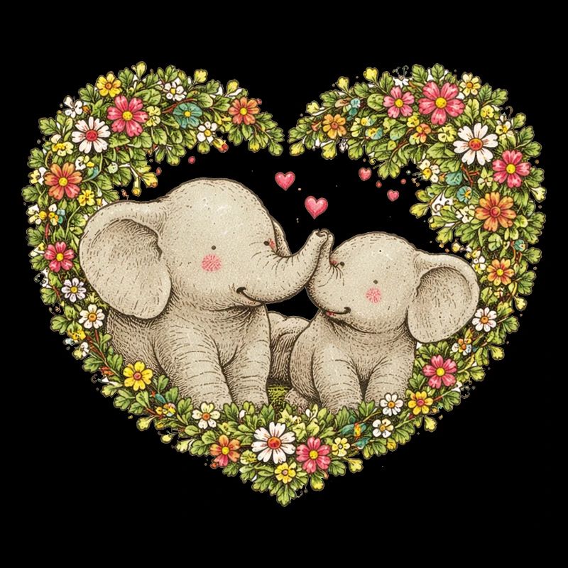 Baiser d’éléphants en forme de cœur floral