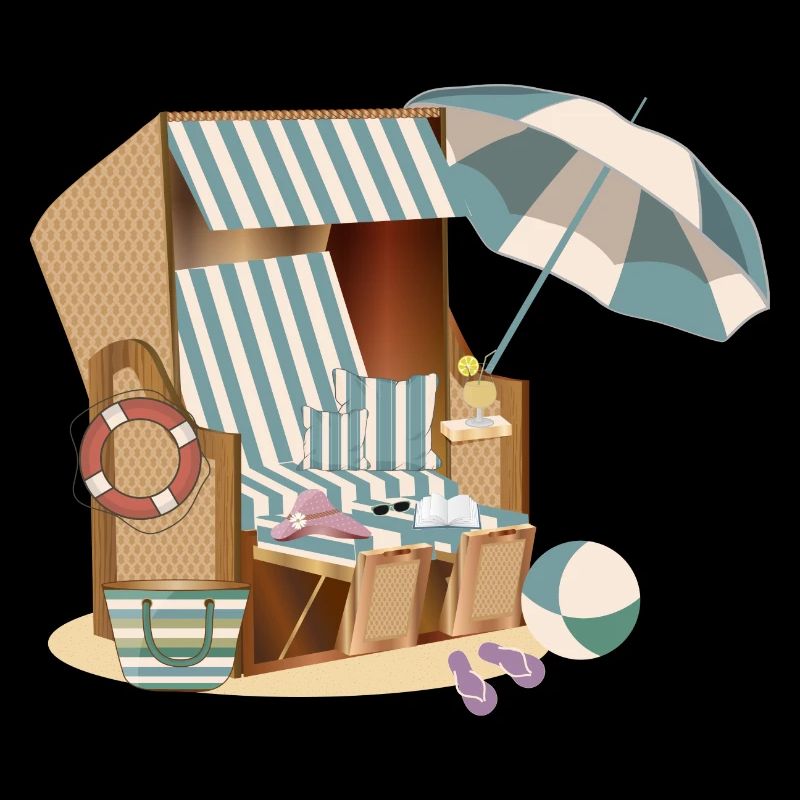 wunderschöner Strandkorb am Strand mit Accessoires