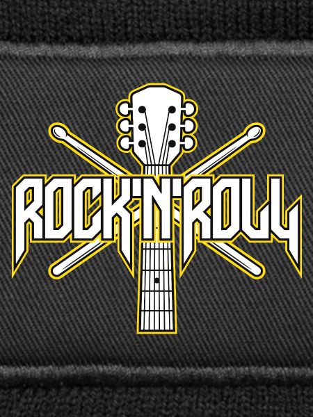Rocknroll-Gitarre und Drumsticks-Emblem