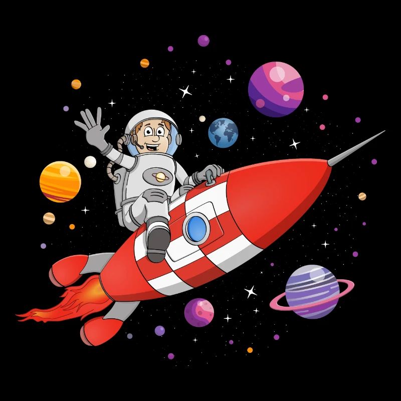 The astronaut and the red rocket in space.