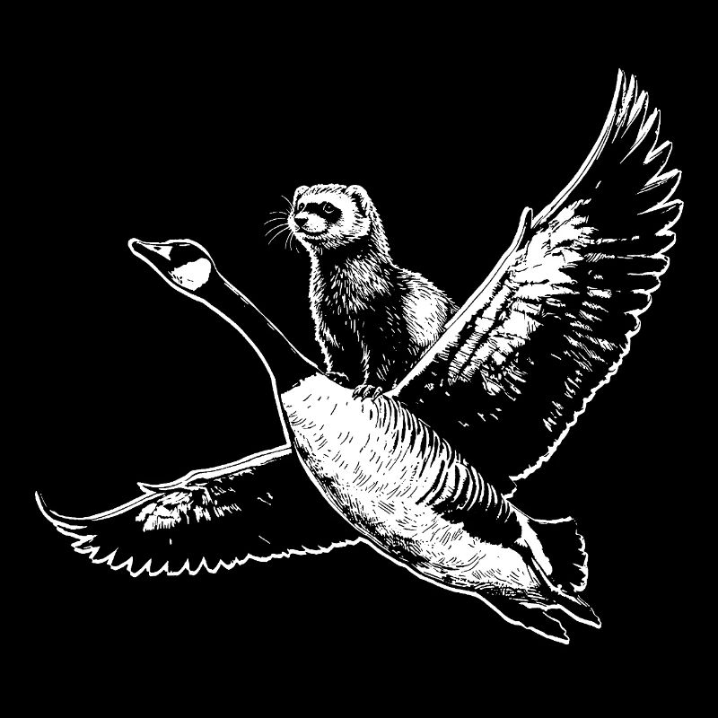 A ferret proudly flying on a goose