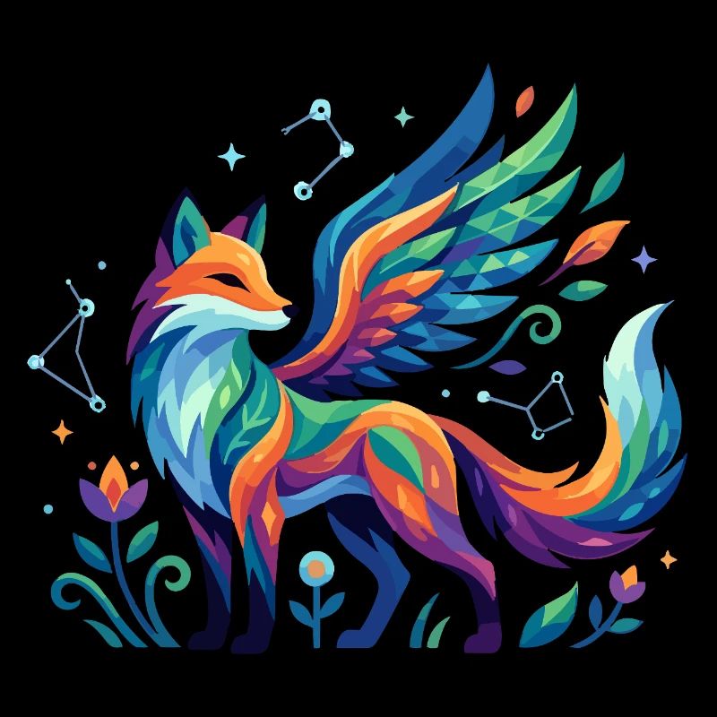 Colorful fantasy fox with wings cosmic pattern