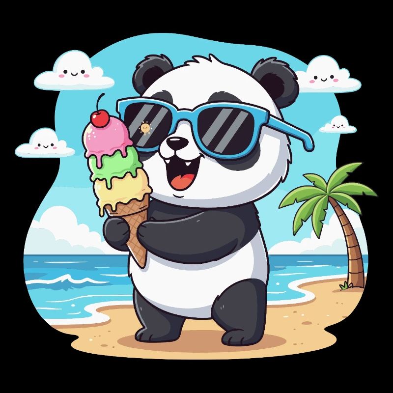 Panda sur la plage avec de la glace