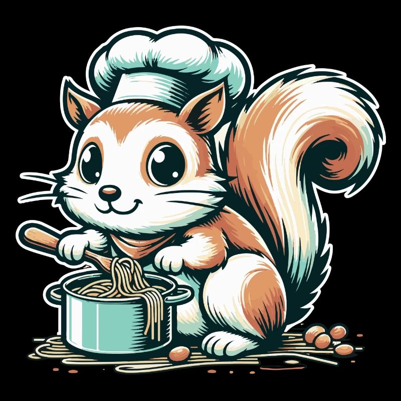 Mignon écureuil de dessin animé cuisinant des spaghettis