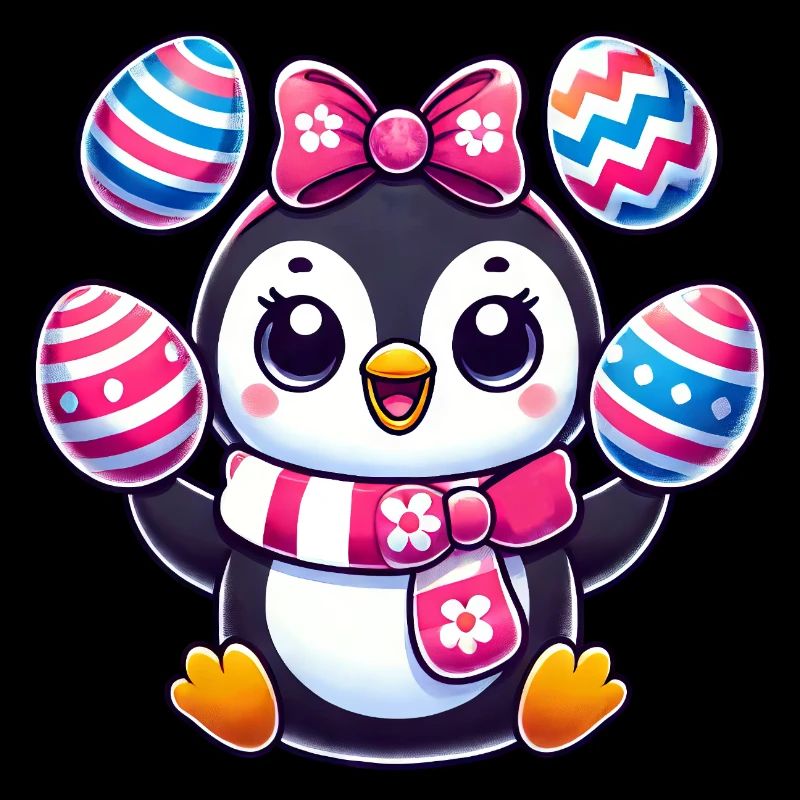 Easter penguin juggles colorful Easter eggs