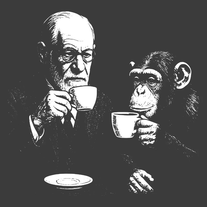 Sigmund Freud drinking coffee with monkey