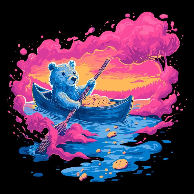 Ours néon dans un canoë rose au coucher de soleil