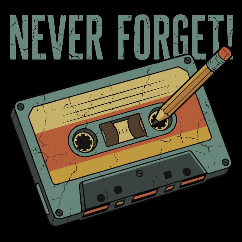 Never Forget – Retro Kassette & Bleistift Design