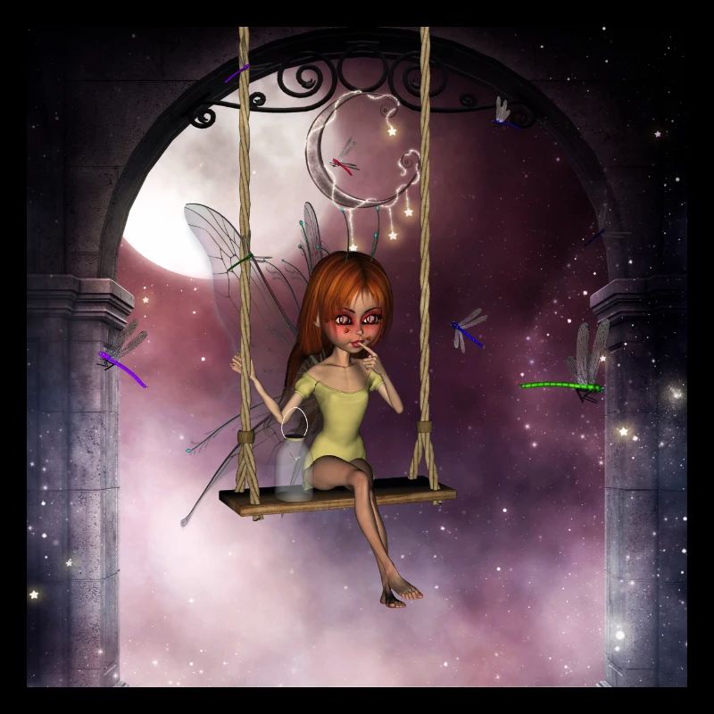 Kleine Fee auf einer Schaukel mit Libelle