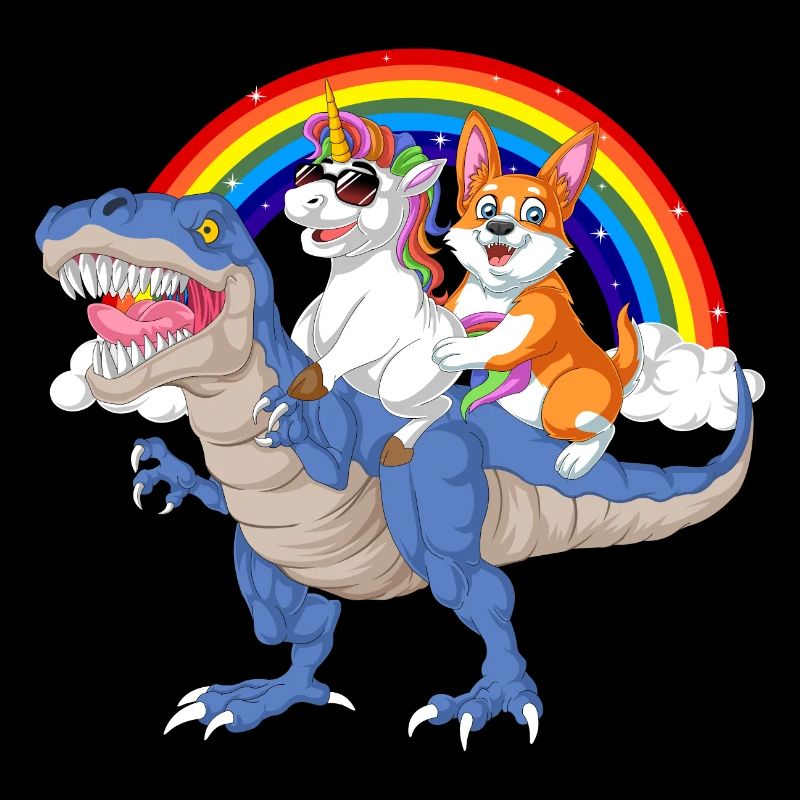 corgi and unicorn riding dinosaur