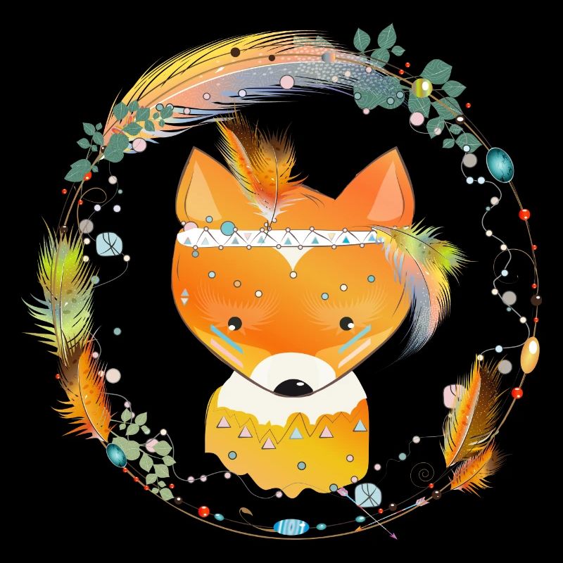 small fox with feather decoration in ethno frame