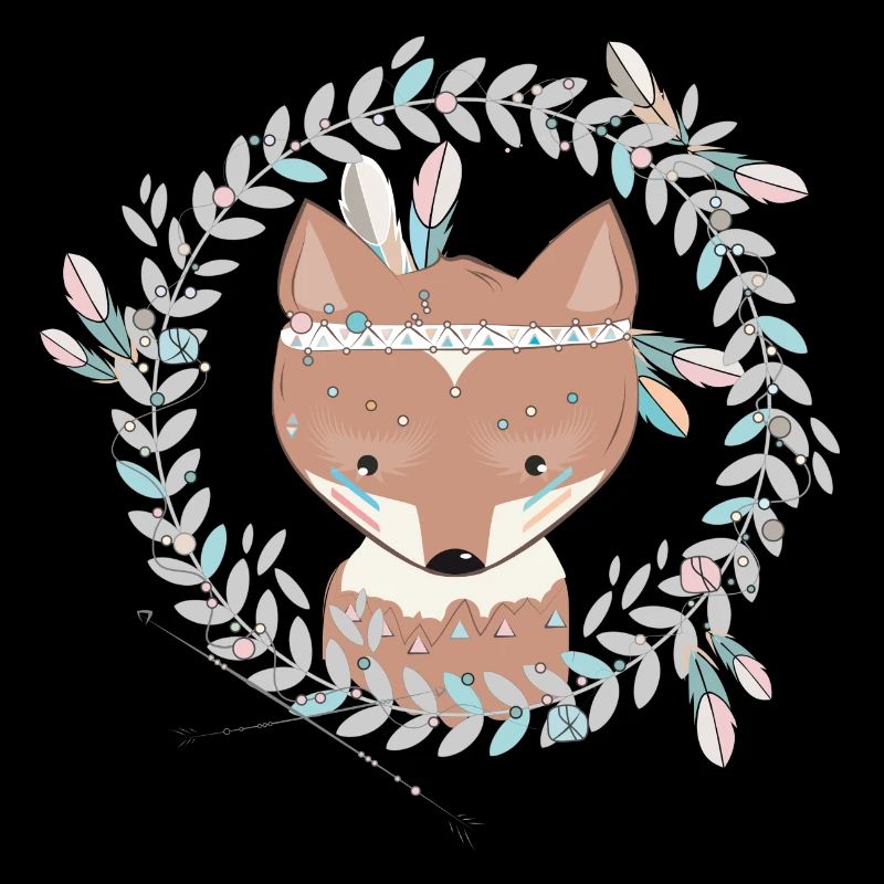 small fox with feather decoration in ethno frame