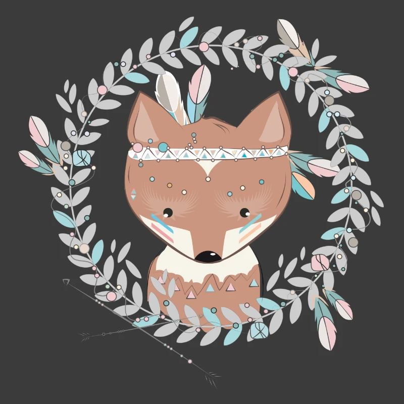 small fox with feather decoration in ethno frame