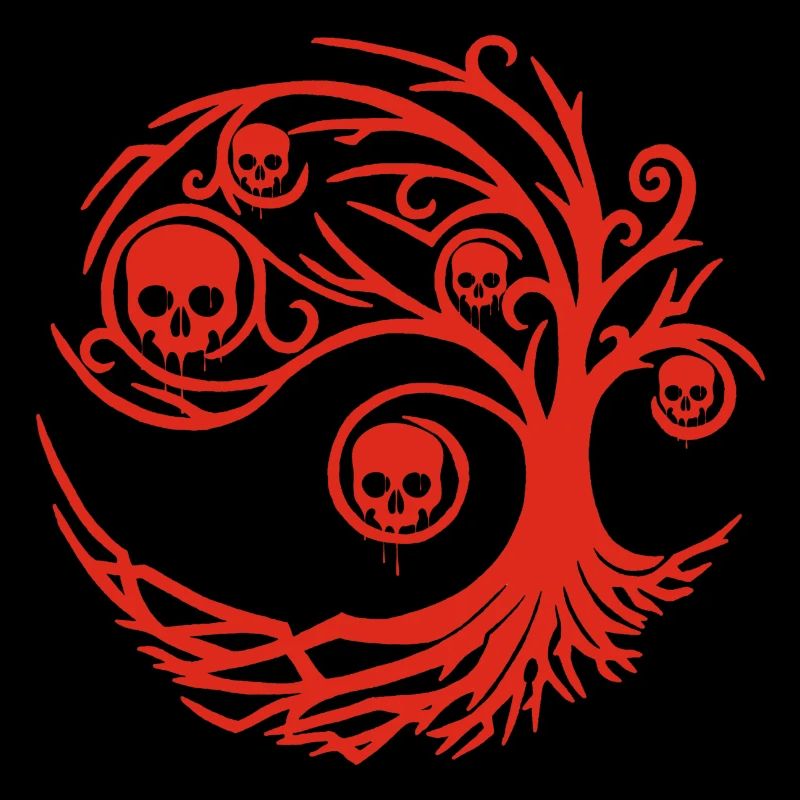 Roter Baum mit Totenköpfen