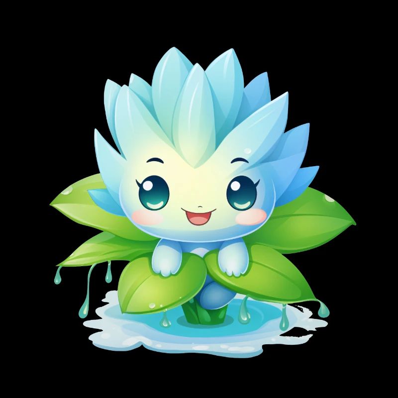 Kawaii Männchen auf Seerose – Blaues Design