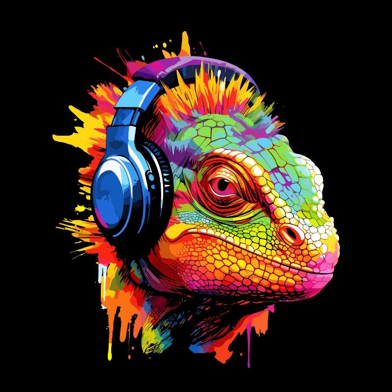 Chamäleon mit Kopfhörer Musik Chamäleons