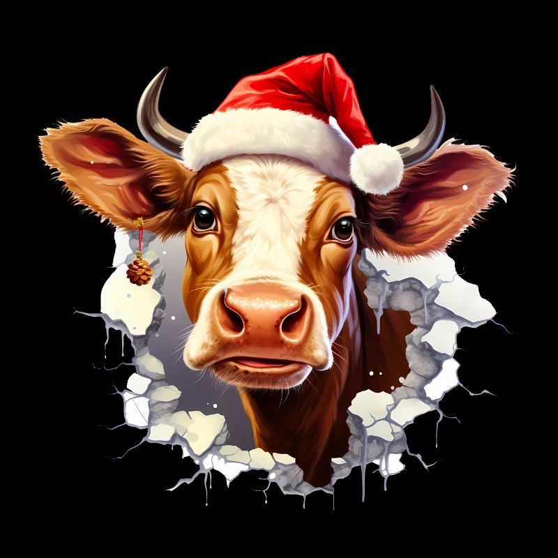 Kuh mit Weihnachtsmütze im Mauerloch