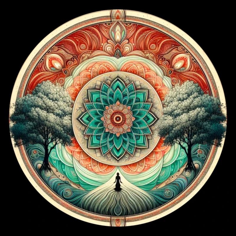 Zen-Mandala mit Bäumen und Meditation