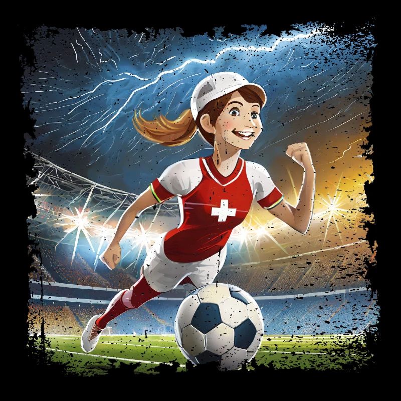 Fussballerin Comicfigur Stadion mit Blitzen