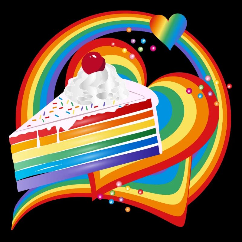 Stück Regenbogen Kuchen mit Sahne und Kirsche