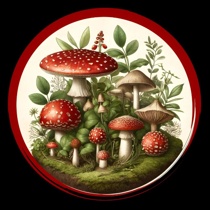 Detailed red toadstools on forest floor