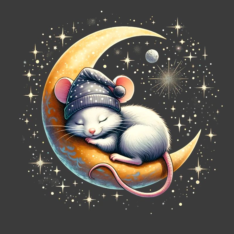 peacefully sleeping mouse, on a crescent moon