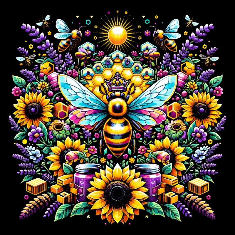 Lebhaftes, farbenfrohes Kunstwerk mit Bienen