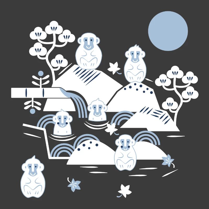 Singes frissonnants dans une source chaude l blanc bleu marine