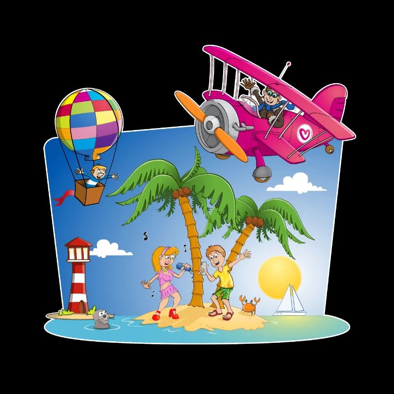 Sonne, Insel, Flugzeug, Palmen, Heißluftballon