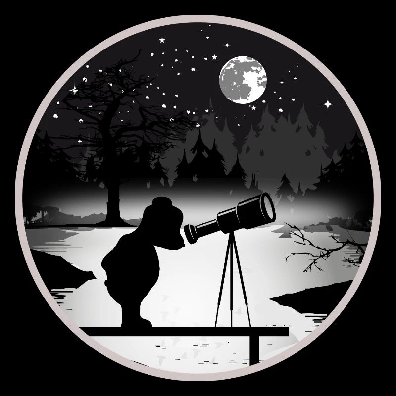 Ours avec télescope sous le ciel étoilé