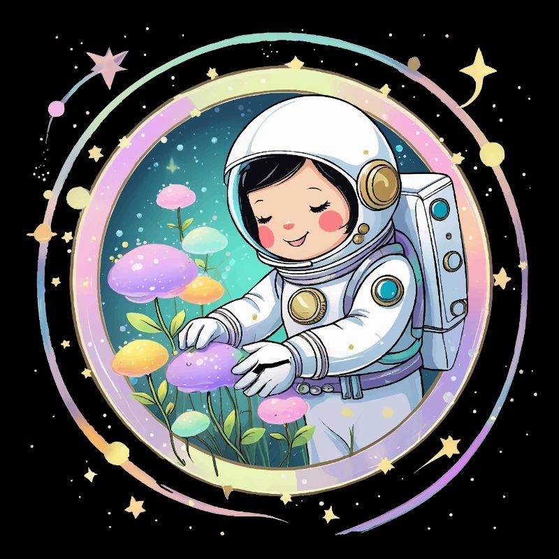 Astronautenmädchen mit Pilzen – Süßes Space-Design