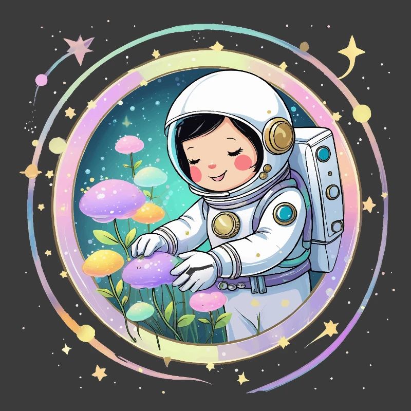 Fille astronaute avec des champignons - Conception spatiale mignonne
