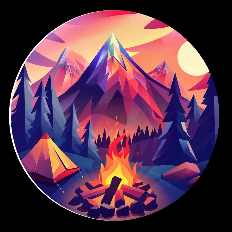Retro Camping Design – Tente Low Poly et feu de camp