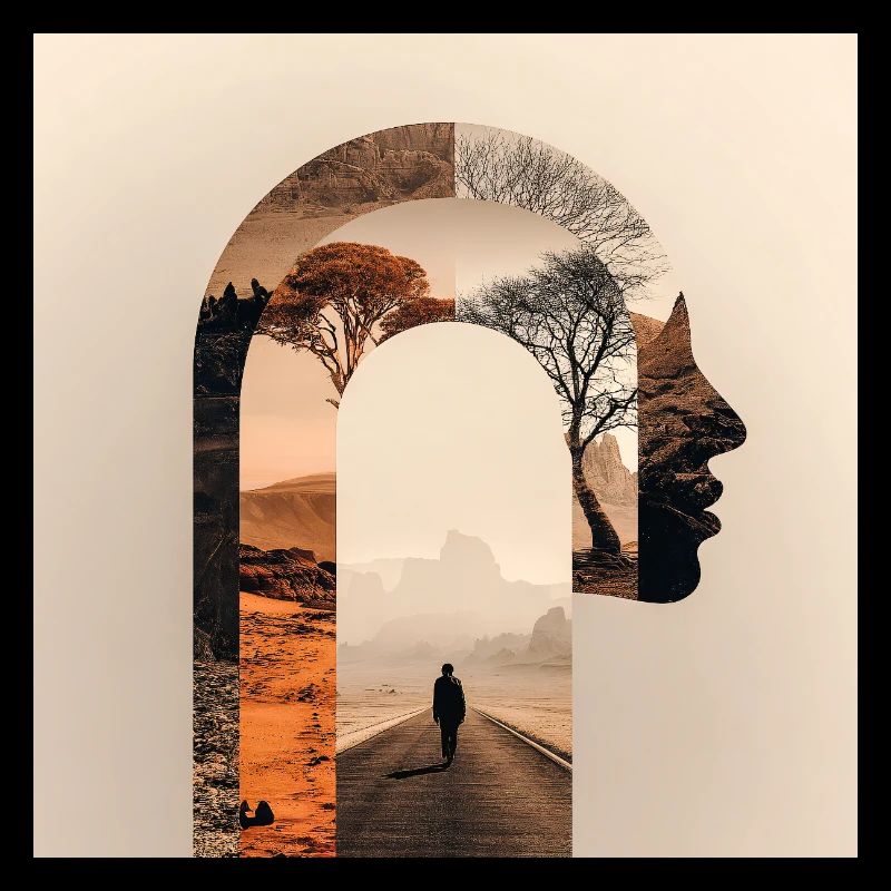 Introspektive Reise mit Natursilhouette