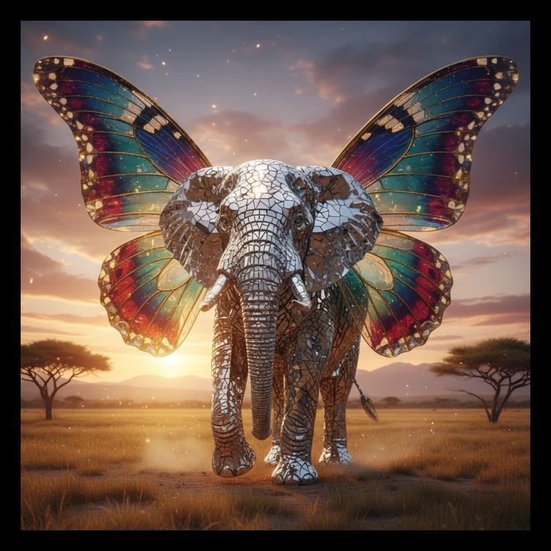 Mosaic elephant wing at sunset