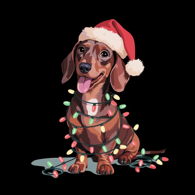 Dackel mit Weihnachtslichtern und Santa-Hut