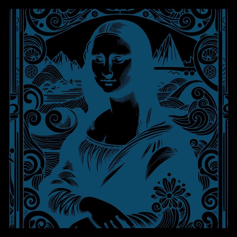 Blue modern Mona-Lisa motif with wave print