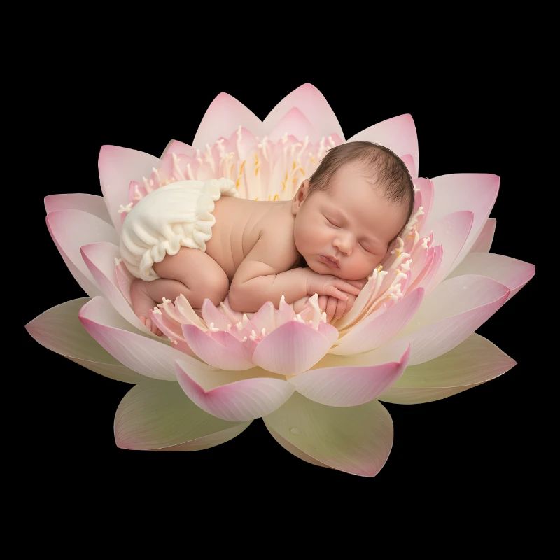 Bébé bébé avec une couche dormant sur une fleur de lotus ouverte