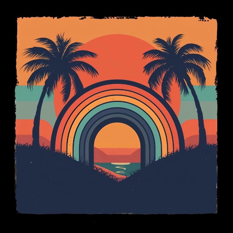 Retro Sunset with Rainbow & Palm Trees