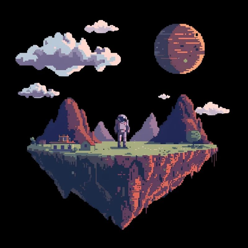 Astronaute pixel 8 bits sur une île flottante