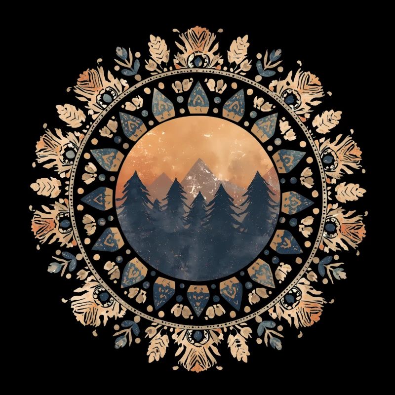 Boho Mandala mit Wald & Bergen im Sonnenlicht