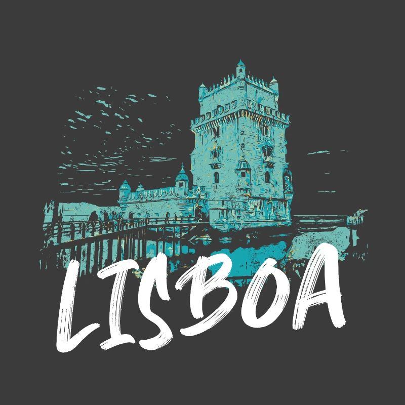Belem Tower Lisbon and Tagus River blue illustration