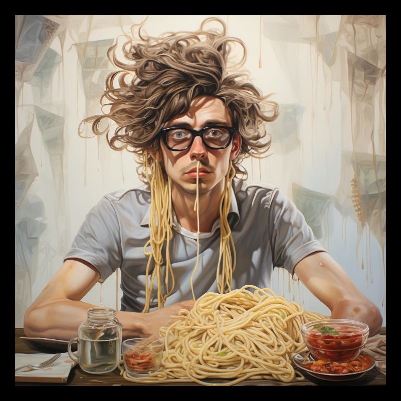Junger Mann Nudelchaos Portrait mit Spaghetti