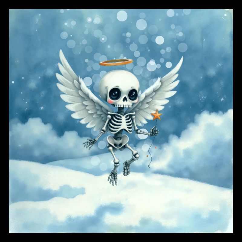 Skeleton angel with halo in clouds