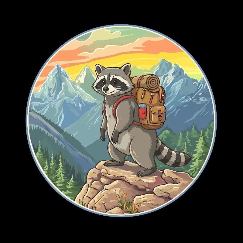 Randonnée de raton laveur mignon, camping à la montagne