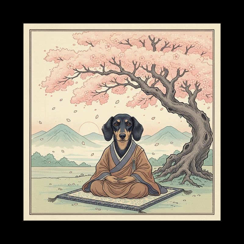 Dachshund Dog Monk Meditating Sakura Tree Zen Art