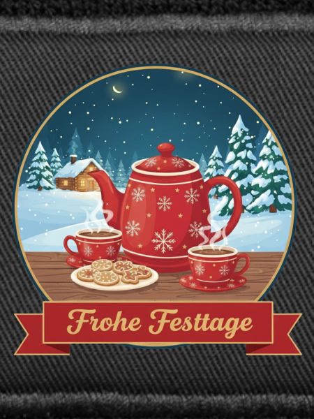 Rote Teekanne im Winterzauber